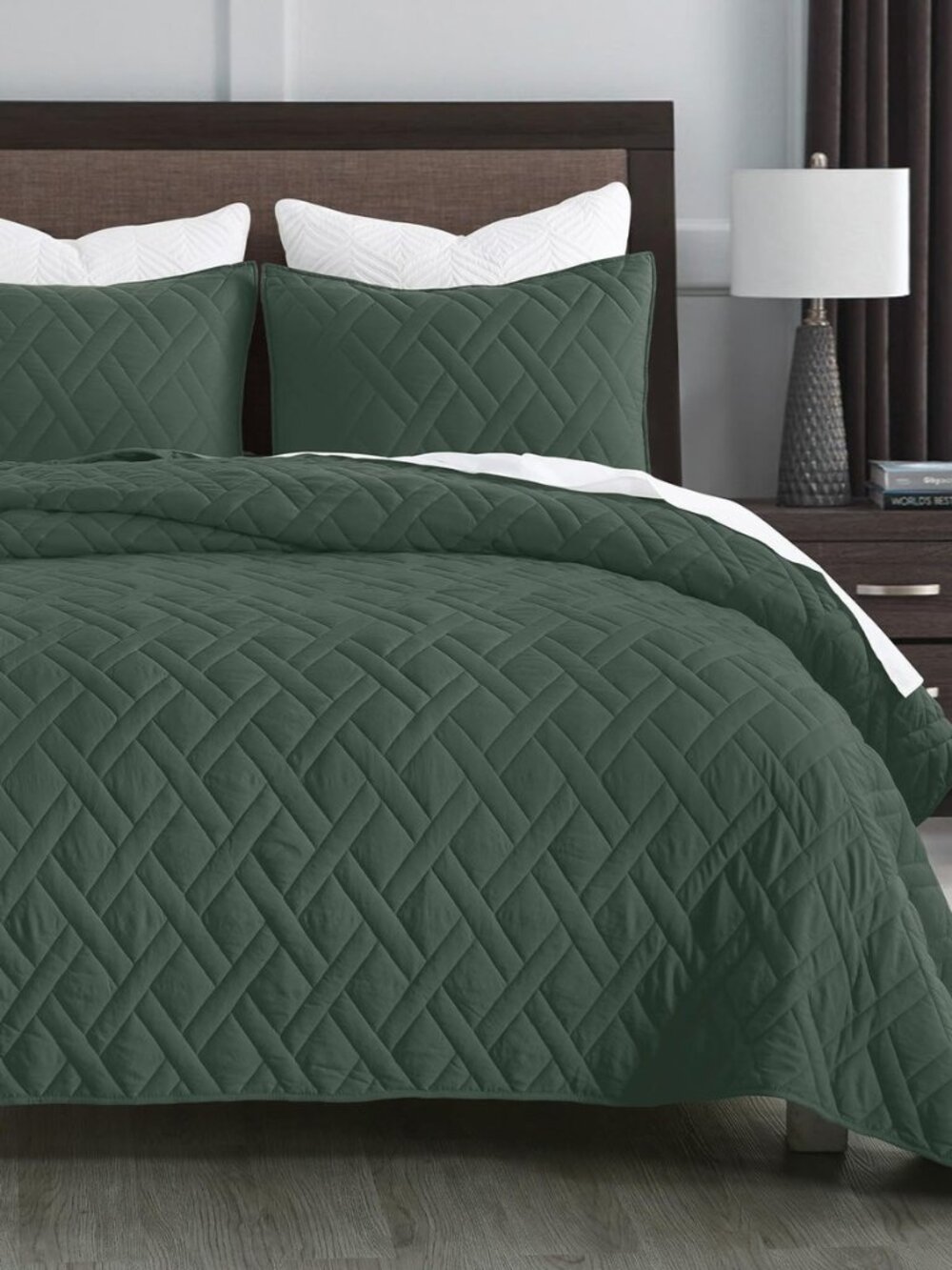 Quilt Set Queen Size Dark Green, Classic Geometric Diamond Stitched Pattern